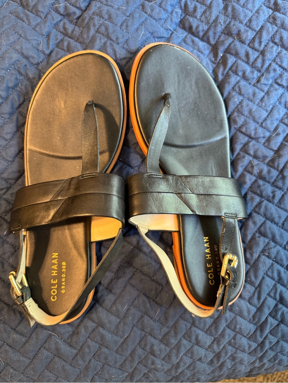 Cole Haan Black Leather Women’s Thong Sandals with Tan Trim
